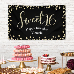 Süße 16 Moderne schwarze goldene Glitter-Mädchen-G Banner