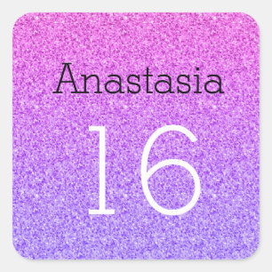 Süße 16 Name Alter Ombre Lila Glitter Funkeln Quadratischer Aufkleber