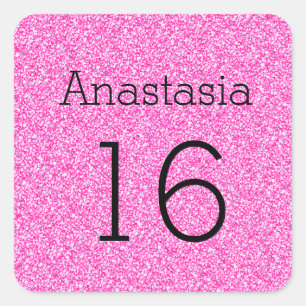 Süße 16 Name Alter Schwarz & Hot Pink Glitter Funk Quadratischer Aufkleber
