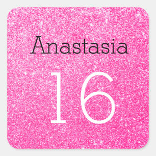 Süße 16 Name Alter Schwarz & Hot Pink Glitter Funk Quadratischer Aufkleber