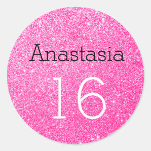 Süße 16 Name Alter Schwarz & Hot Pink Glitter Funk Runder Aufkleber