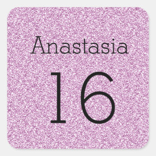 Süße 16 Name Alter Schwarz & Violetter Glitter Fun Quadratischer Aufkleber