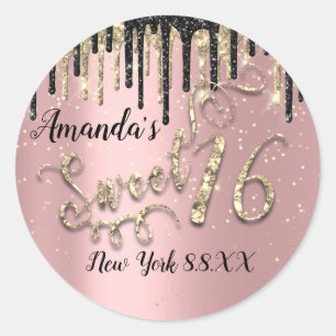 Süße 16. Party Glitter Gold Konfetti Rose Schwarz Runder Aufkleber