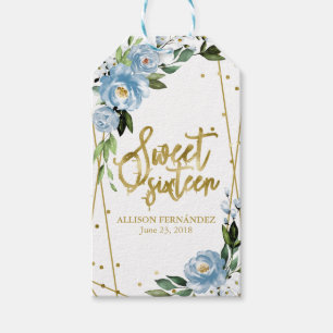 Süße 16 Party Goldfolie Staubblau Blumen Geschenkanhänger