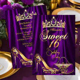 Süße 16 Party Lila Tiara High Heel Tasche Gold Einladung