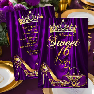 Süße 16 Party Lila Tiara High Heel Tasche Gold Einladung