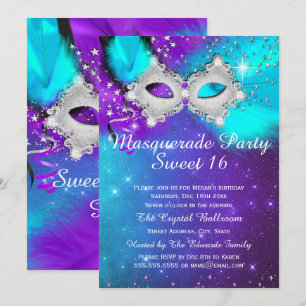 Süße 16 Party-Maske Türkis Lila Silber Masquerade Einladung
