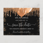 Süße 16 Party schwarze Goldballons Save the Date Ankündigungspostkarte (Vorderseite)