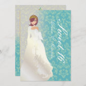 Süße 16/ Prinzessin + aquamariner Damast Einladung (Vorne/Hinten)
