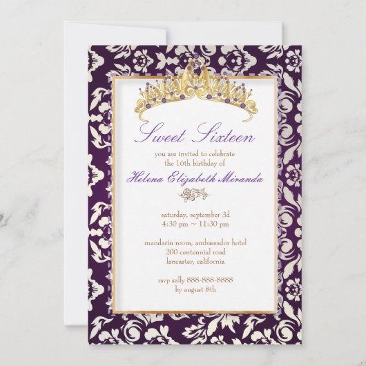 Süße 16/ Prinzessin/Perldampfer/Pflaume Einladung (Rückseite)