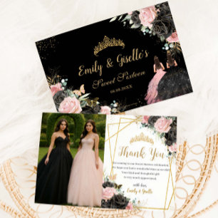 Süße 16 Quinceanera Schwarz Rosa Florale Zwillings Dankeskarte