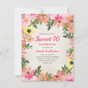 Süße 16 Rosa Gelbe Wasserfarben Blumen Einladung
