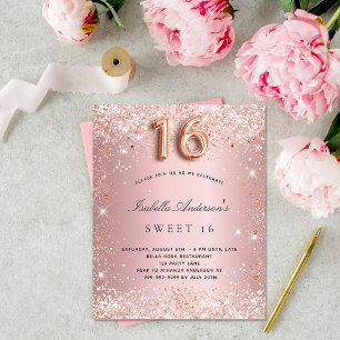 Süße 16 rosa Rosen Glitter Budget Einladung Flyer