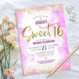 Süße 16 Rosa Wasserfarbe Gold Glamouröser Geburtst Einladung