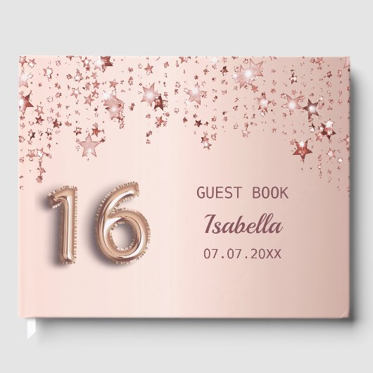 Süße 16 Rose goldene Sterne rosa Gästebuch (Vorderseite)