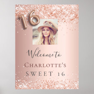 Süße 16 roségold Glitter-Foto-Willkommensparty Poster