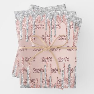 Süße 16 roségold Glittertropfen pink Silber Geschenkpapier Set