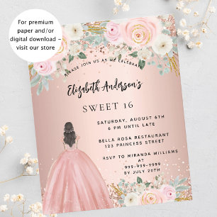 Süße 16 roségoldene Blumenkleid Budget-Einladung Flyer