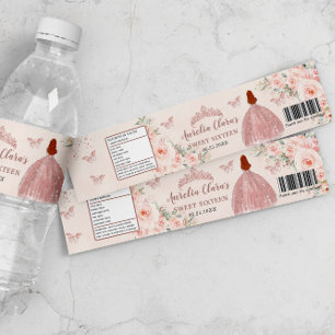 Süße 16 Rosenblüten-Roségold-Rote Haare Prinzessin Wasserflaschenetikett