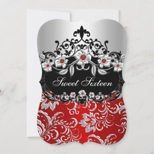 Süße 16 Rot Silber Schwarz Floral Juwel Party Einladung
