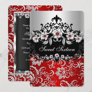 Süße 16 Rot Silber Schwarz Floral Schmuck Party Einladung