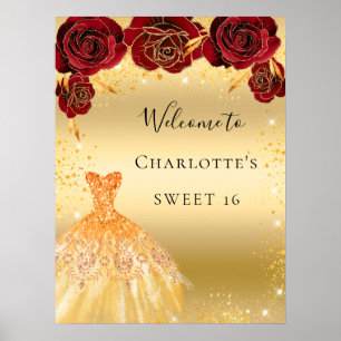 Süße 16 rote Gold Glitter-Kleid Blumen Willkommen Poster