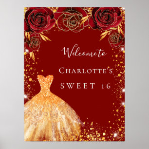 Süße 16 rote goldene Glitter-Kleid Blumen Willkomm Poster