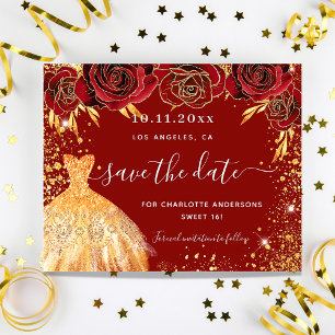Süße 16 rote Goldkleid Budget Save-the-Date Flyer