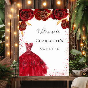 Süße 16 rote weiße Glitter-Kleid Blumen Willkommen Poster