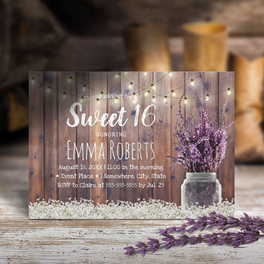 Süße 16 Rustikale Lavendel Blumen Glas String Lich Einladung
