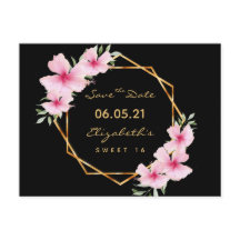 Süße 16 Save the Date schwarze Goldfloralen