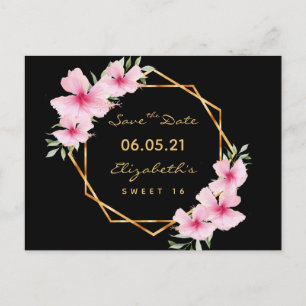 Süße 16 Save the Date schwarze Goldfloralen Postkarte