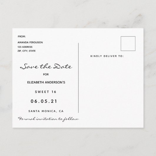 Süße 16 Save the Date schwarze Goldsterne rosa Postkarte (Rückseite)