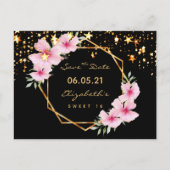 Süße 16 Save the Date schwarze Goldsterne rosa Postkarte (Vorderseite)