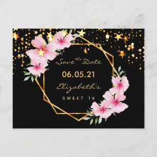 Süße 16 Save the Date schwarze Goldsterne rosa Postkarte