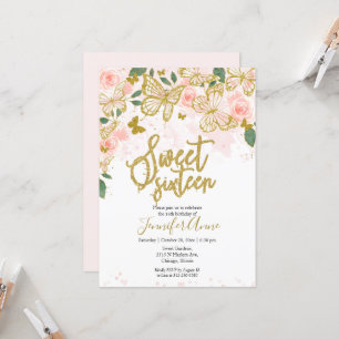 Süße 16 Schmetterling Einladung Blush Floral Gold