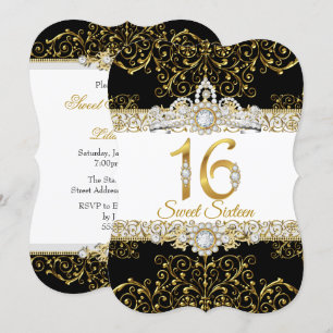 Süße 16 Schwarz-Gold-Diamant-Glamour-Geburtstag Einladung