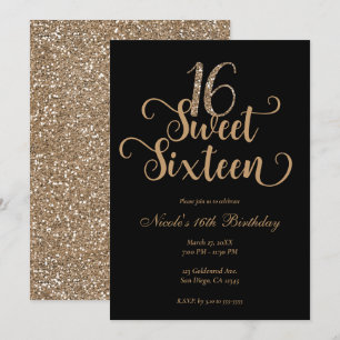 Süße 16 Schwarz-Gold Glitter Geburtstagsfeier  Einladung