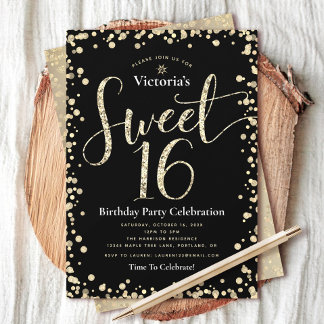 Süße 16 Schwarz-Gold-Glitter-Script-Geburtstag Chi Einladung