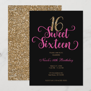 Süße 16 Schwarz Heißrosa Gold Glitter Geburtstag Einladung