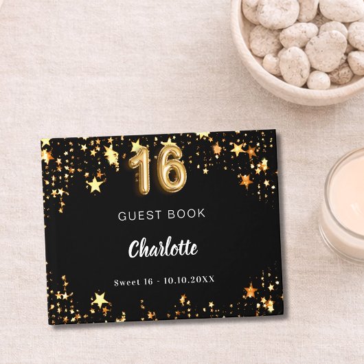 Süße 16 schwarze goldene Sterne Gästebuch