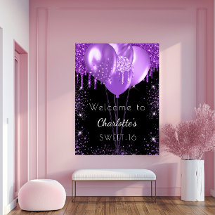 Süße 16 schwarze lila glänzende Willkommensballons Poster