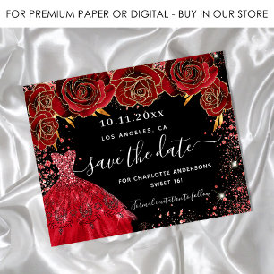 Süße 16 schwarzes rotes Kleid Budget Save-the-Date Flyer
