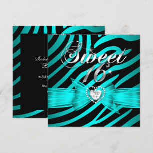 Süße 16 Sechzehn Aqua Blau Schwarz Zebra 2 Einladung