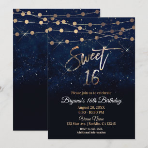 Süße 16 Sechzehn Blau- und Gold-Glitzerlichter Einladung