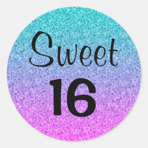 Süße 16 Sechzehn Ombre Pink Blau Lila Glitter Runder Aufkleber
