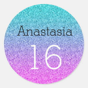 Süße 16 Sechzehn Ombre Pink Blau Lila Glitter Runder Aufkleber