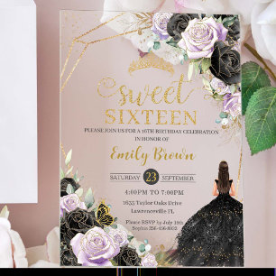 Süße 16 Sechzehn schwarzes Kleid Flieder floral Go Acryleinladungen