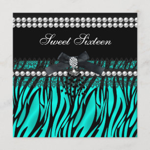 Süße 16 Sechzehn Türkis Schwarze Perlen-Lace-Zebra Einladung