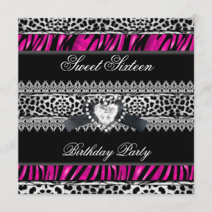 Süße 16 Sechzehn Zebra Leopard Pink Schwarz Diaman Einladung